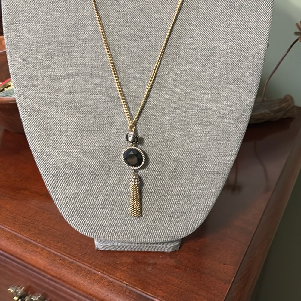 J Crew Gold Tone and Black Rhinestone Pendant adjustable Necklace - Picture 2 of 5